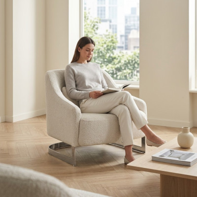 Modern armchair, wingback chair, seat, polyester, white fabric, living room