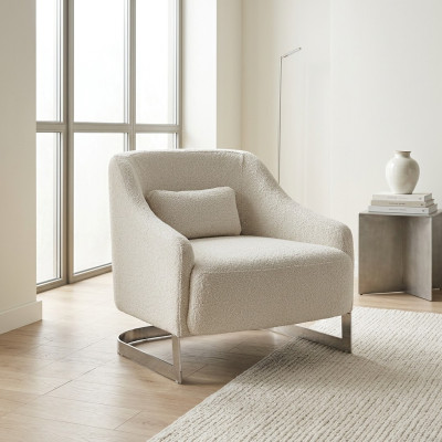 Modern armchair, wingback chair, seat, polyester, white fabric, living room