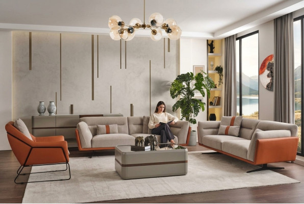 Couch set Sofa set Complete upholstered sofa Orange fabric sofa