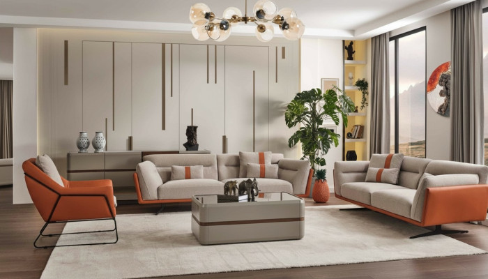 Couch set Sofa set Complete upholstered sofa Orange fabric sofa