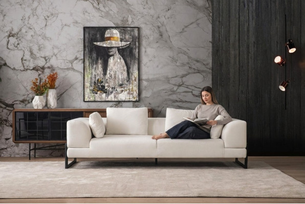 Three-seater sofa, 3-seater upholstered sofa, white fabric, fabric sofa, wood sofas