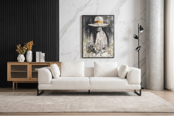 Three-seater sofa, 3-seater upholstered sofa, white fabric, fabric sofa, wood sofas