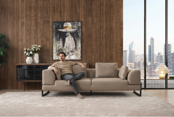 Sofa three-seater 3-seater upholstered sofa grey fabric fabric sofa wood sofas