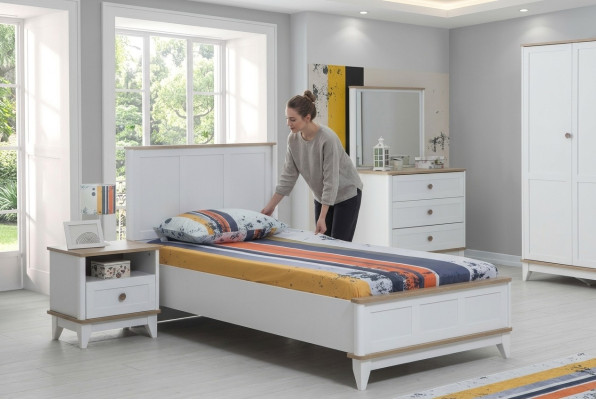 Children's bed, bed frame, bed, children's room, children's room furniture, white, wood.