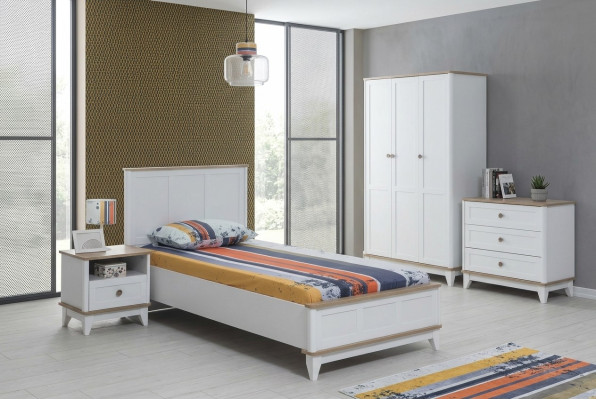 Children's bed, bed frame, bed, children's room, children's room furniture, white, wood.