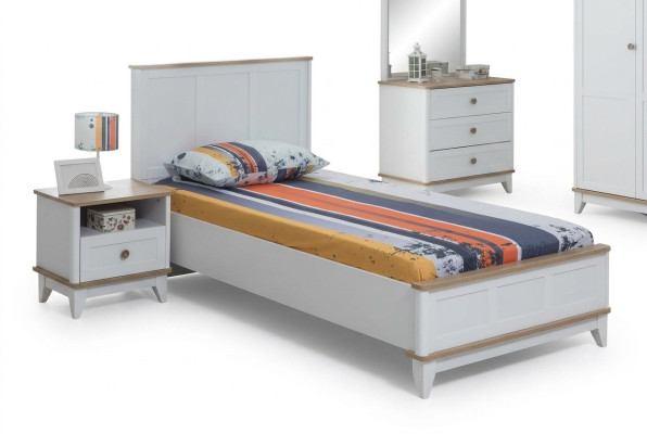 Children's bed, bed frame, bed, children's room, children's room furniture, white, wood.