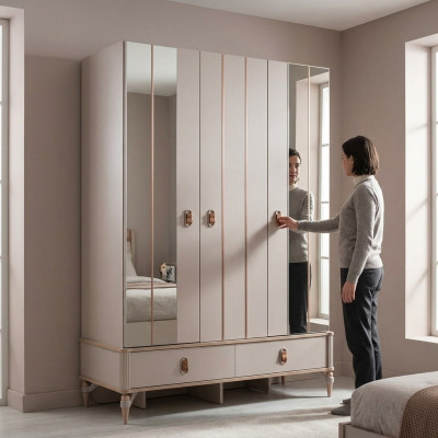 Luxury wardrobe children's wardrobe wooden wardrobe cabinet beige mirror