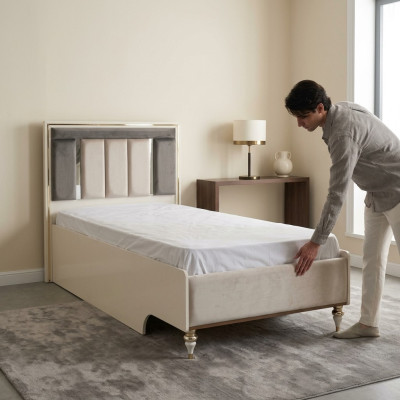 Children's bed frame bed 120cm children's room bed frames beige fabric
