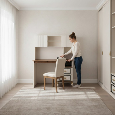 Desk office table computer table beige office furniture wooden table shelves