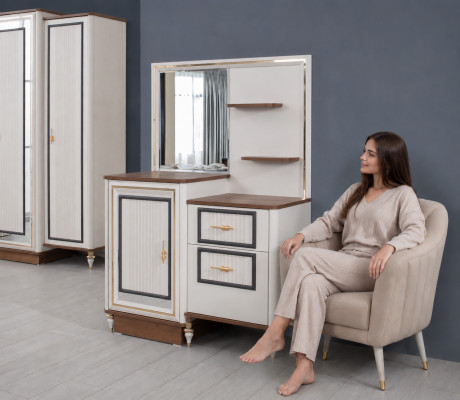Makeup table set with mirror wood bedroom beige console set
