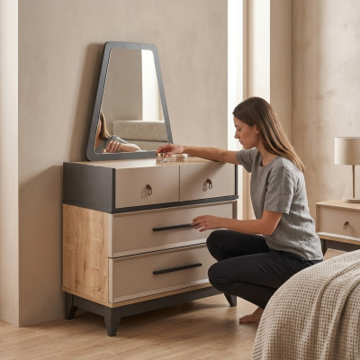 Group of dresser sets with mirror, wood, children's room, beige console.