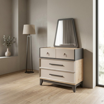 Group of dresser sets with mirror, wood, children's room, beige console.