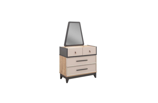 Group of dresser sets with mirror, wood, children's room, beige console.