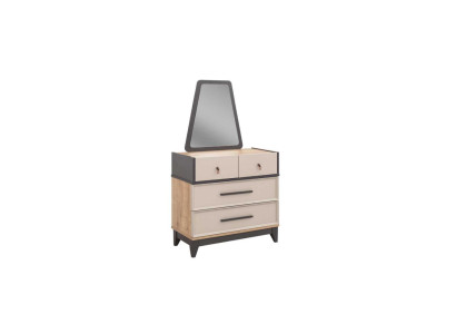 Group of dresser sets with mirror, wood, children's room, beige console.