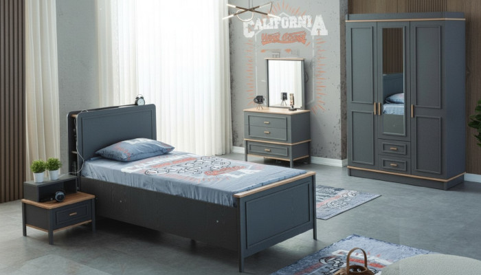 Children's Furniture Set Children's Room Bed Children's Bed Gray Wood 5-piece Set