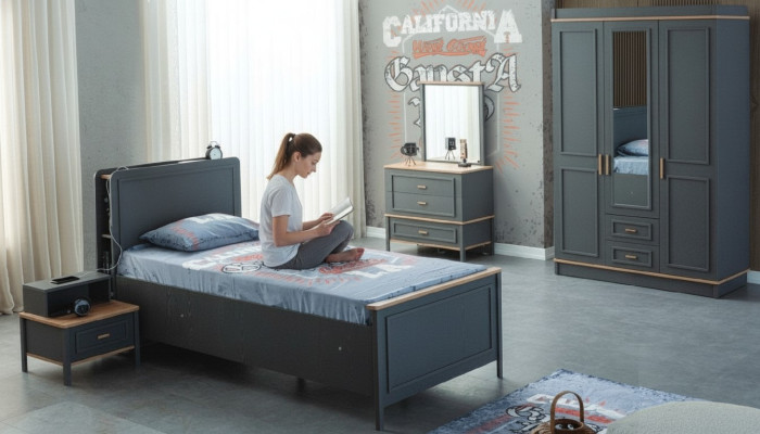 Children's bed children's room kids' furniture set gray wood bed set 5-piece