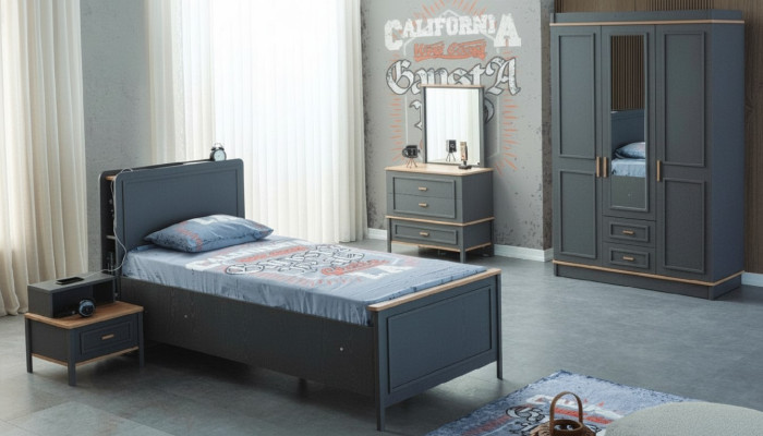 Children's bed children's room kids' furniture set gray wood bed set 5-piece