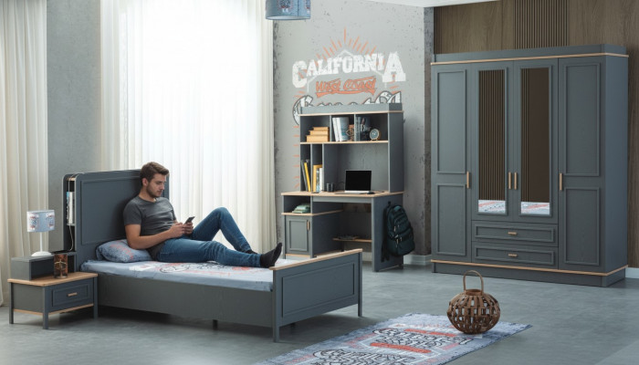 Children's room furniture kid's room bed children's bed grey wooden set of 4 pieces