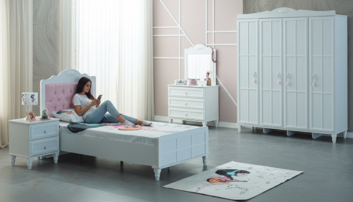 Luxury Complete Children's Furniture Children's Bed White Wood Set 5-piece Children's Room