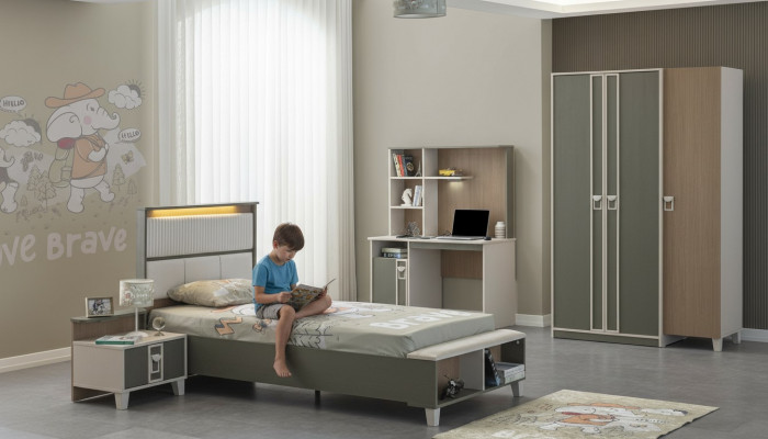 Children's room set, bed, children's bed, children's furniture, gray wood, 4-piece set