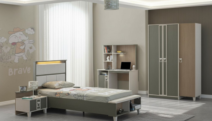 Children's room set, bed, children's bed, children's furniture, gray wood, 4-piece set