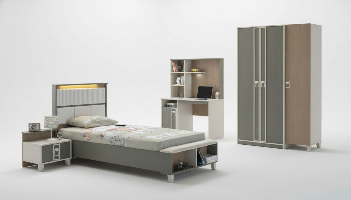 Children's room set, bed, children's bed, children's furniture, gray wood, 4-piece set