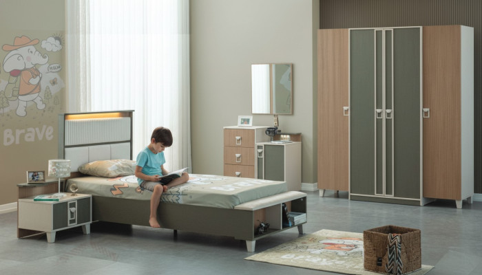 Modern Complete Children's Furniture Kids Bed Gray Wood Set 5-piece Nightstand