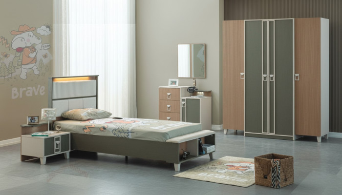 Modern Complete Children's Furniture Kids Bed Gray Wood Set 5-piece Nightstand