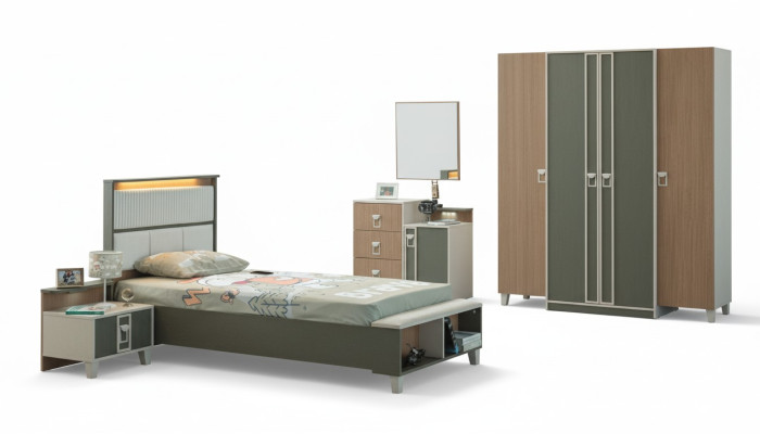 Modern Complete Children's Furniture Kids Bed Gray Wood Set 5-piece Nightstand