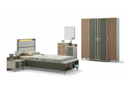 Modern Complete Children's Furniture Kids Bed Gray Wood Set 5-piece Nightstand