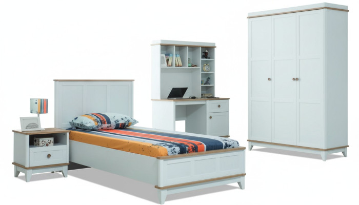 Children's bed children's furniture complete white wood set 4-piece modern