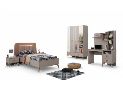Complete children's furniture, girls' bed, wood set, 4-piece nursery, beige