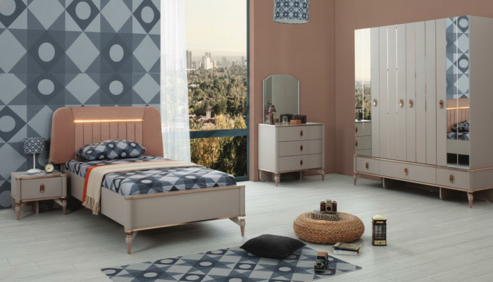 Complete Youth Bed Children's Furniture Children's Bed Beige Wood Set 5-Piece Modern