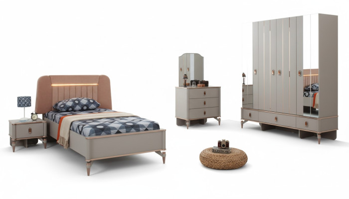 Complete Youth Bed Children's Furniture Children's Bed Beige Wood Set 5-Piece Modern