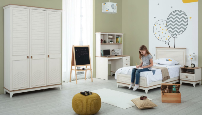 Bedroom sets, youth bed, children's bed, white wood, 4-piece set, modern bed