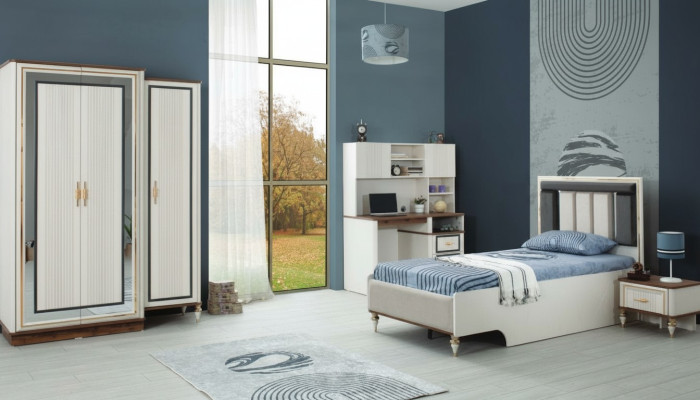 Complete youth bed children's furniture children's bed white wood set 4-piece modern