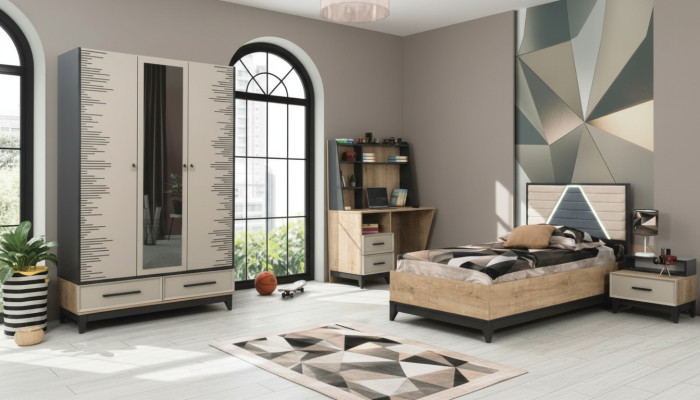 Children's furniture, youth bed, children's room bed, children's bed, brown wood, 4-piece set