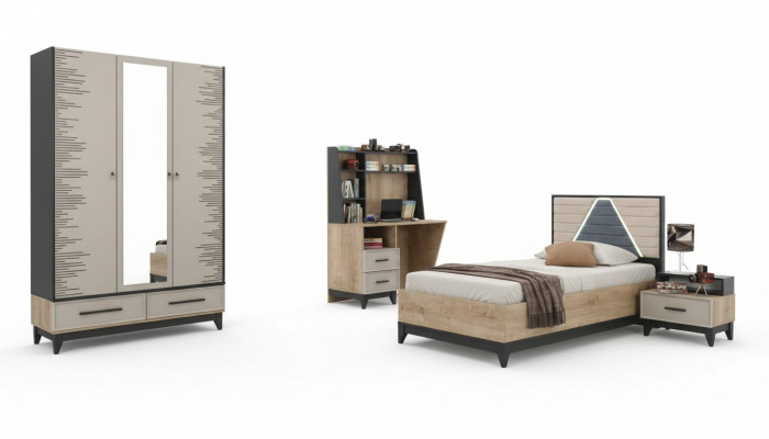 Children's furniture, youth bed, children's room bed, children's bed, brown wood, 4-piece set