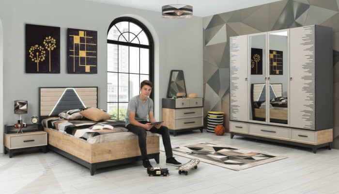 Children's room set: Bed, wardrobe, brown wood, youth bed, 5-piece furniture set