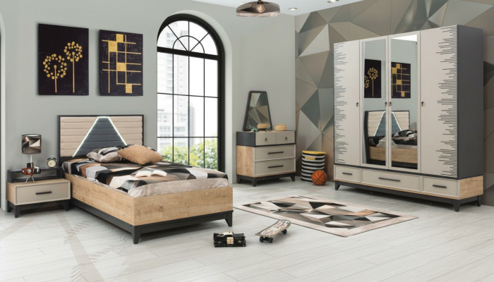 Children's room set: Bed, wardrobe, brown wood, youth bed, 5-piece furniture set