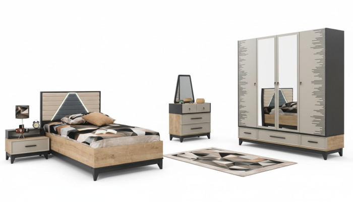 Children's room set: Bed, wardrobe, brown wood, youth bed, 5-piece furniture set