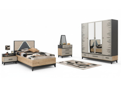 Children's room set: Bed, wardrobe, brown wood, youth bed, 5-piece furniture set