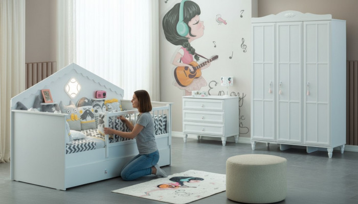 Crib set children's playpen bed white wood set 3-piece