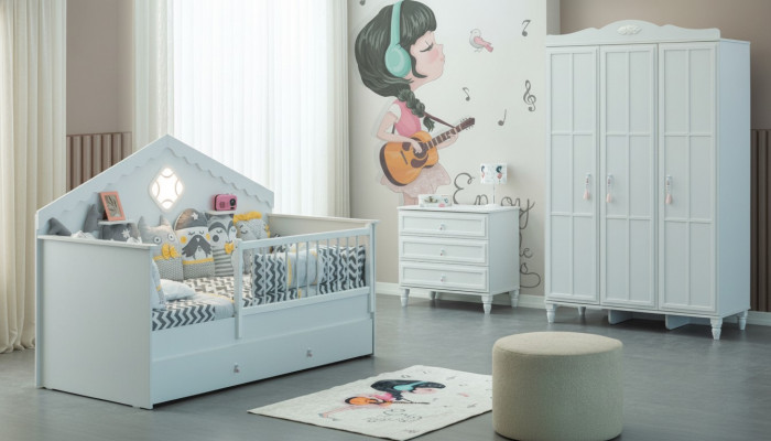 Crib set children's playpen bed white wood set 3-piece