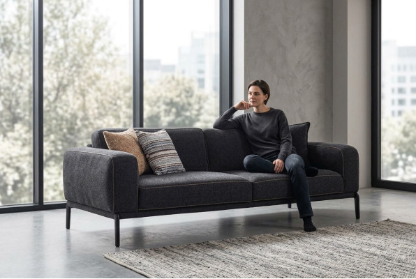 Elegant upholstered sofa, 3-seater couch, three-seater gray fabric modern upholstered sofa