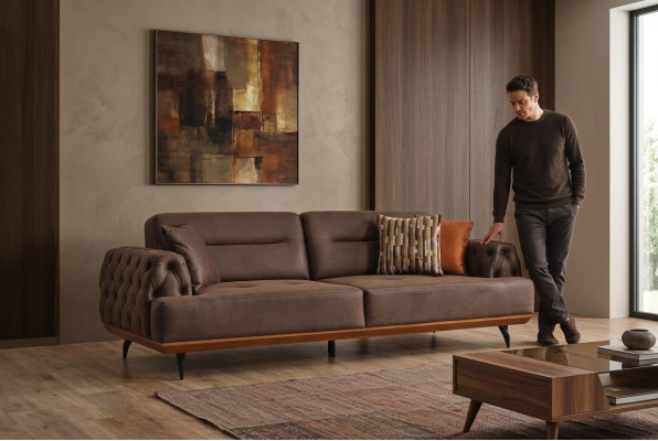 Upholstered Sofa Three-Seater Sofa 3 Seat Couch Brown Fabric Sofa Fabric Modern