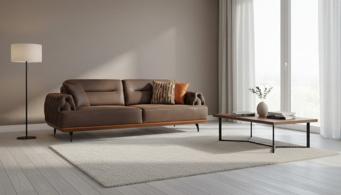 Upholstered Sofa Three-Seater Sofa 3 Seat Couch Brown Fabric Sofa Fabric Modern