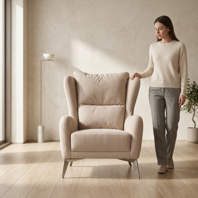 Luxury Armchair Single-Seater 1 Seater Fabric Armchair Beige Living Room Modern
