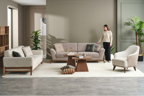 Group couch three-seater armchair sofa fabric beige fabric sofa set 3-piece 3+3+1