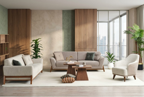Group couch three-seater armchair sofa fabric beige fabric sofa set 3-piece 3+3+1
